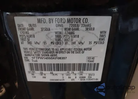 2005 Ford F-150 Fx4/Lariat/Xlt from USA, damaged, VIN 1FTPW14595KF08357